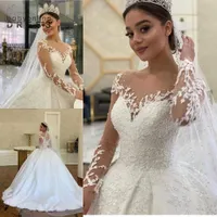 2023 Vintage Long Sleeve Lace Ball Gown Wedding Dresses Dubai Arabic Sheer Neck Backless Appliques Sequins Bridal Gowns Luxury Robe de mariage BC11371 J0321