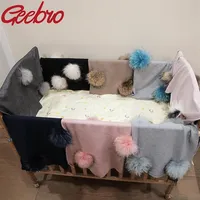 Geebro Newborn Warm Wool Swaddling Blanket With 15cm Real Raccoon Fur Pompom Kids Baby Travel Sleeping Blanket Bedding 201026286M