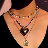 Pendant Necklaces 3 Pcs Set Bohemian Gold Big Love Coin Beaded Necklace Women Star Metal Choker Collar Colorful Acrylic Seed Bead Strand