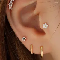 Stud Earrings Shiny Earring Delicate Romantic White Flower With Tiny Cz Paved Gold Color For Cute Girls Lady Women