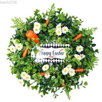 Decorative Flowers Wreaths 40cm Easter Wreath Daisy Carrot Door Hanging Pendants 2023 Happy Easter Day Eucalyptus Leaf Garlands Spring Festival Home Decor W0321