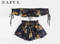 Zaful Off Shoulder Cinched Floral Women Set Slash Neck Short Sleeves Crop Top High Waist Shorts Set Beach Boho Suits Summer Y190426392813