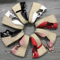 Designer Women Wedge Platform Sandals Espadrille shoes Real Leather Ankle Lace-up matelass espadrille Ladies High Heel 12cm with Box NO37