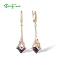 Dangle Earrings SANTUZZA 925 Sterling Silver Drop Purple Glass White Cubic Zirconia Dangling For Women Wedding Fine Jewelry