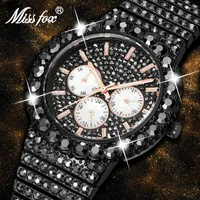 Wristwatches MISSFOX Black Watch Full Diamond Dial Sport Male Quartz Watches Waterproof Chronograph Clock Reloj Hombre Drop 2023