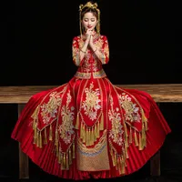 Ethnic Clothing Bride Wedding Dress Gown Oriental Women Red Qipao Overseas Chinese Handmade Embroidery Cheongsam Toast Marriage Gift