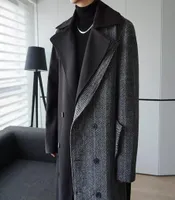 Men039s Wool Blends Men Splice 34 Length Woolen Belt Double Breasted Trench Coat Overcoat Male Streetwear Vintage Windbreake4300606