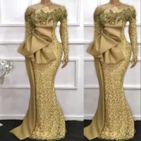 2023 Gold Mermaid Evening Dresses Long Sleeves Sparkly Sequins Applique Off the Shoulder Custom Made Floor Length Formal Occasion Wear Arabic Prom Gown vestidos