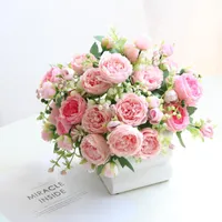 Decorative Flowers 30cm Rose Pink Silk Bouquet Peony Artificial Flower 5 Big Head 4 Small Bud For Home Wedding Decoration Indoor