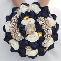 Wedding Flowers High Quality Rhinestone Bouquet For Bride And Bridesmaid Navy Ivory Silk Rose Handmade Bridal Hand Flower Decoration