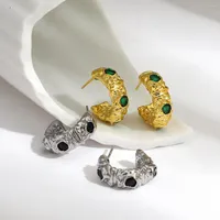 Hoop Earrings Greatera Vintage Green Zircon C-Shaped For Women Gold Color Textured Metal Geometric Round Circle Jewelry