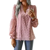 V-neck Pullover Fashion Women's Blouse Sashes Loose Solid Color Ruched Cuff Puff Long Sleeves Hairball Jacquard Fabric Shirt Spring Summer