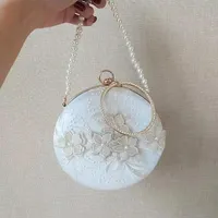 Evening Bags Bridal Wedding White Elegant Clutch Bag Women's Small Flower Round Pearl Chain Shoulder Party Purse B417Evening
