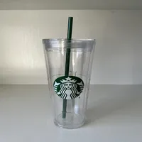 24OZ Starbucks Mermaid mug Tumblers transparent double-layer plastic Reusable cup with lid and straw254o
