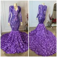 Sexy Long Sparkly Purple Prom Dresses 2023 Sheer V-Neck luxe Cascading Ruffles Paillin Mermaid Mermaid Black Girl Evening feestjurken Robe de Soiree J0321