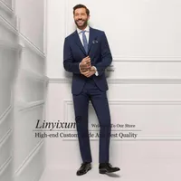 Men's Suits Navy Blue Mens Notched Lapel Formal Business Blazer Slim Fit Wedding Groom Tuxedo Terno Masculino 2 Piece Set Jacket Pants