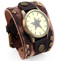 Wristwatches Vintage Retro Wide Genuine Leather Strap Watch Men Fashion Star Face Bracelet Bangle Dress Watches Clock B022