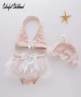 2021 New Beautiful Swan Lace Baby Girl Swimming Suit Cap Kids Bikini Swimwear Children Sweet Beach Biqiuni 3pcs Sets8886090