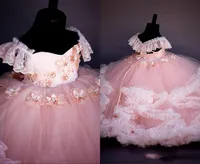 Pink Lace Beaded Flower Girl Dresses Ball Gown Hand Made Flowers Cheap Little Girl Wedding Dresses Vintage Girl Dresses Gowns5273470