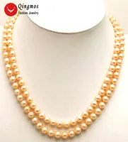 Choker Qingmos Pink Natural Pearl Necklace For Women With 6-7mm Round Freshwater 2 Strands 17-18" Chokers Jewelry 5423