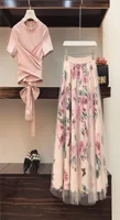 Women Irregular T ShirtMesh Skirts Suits Bowknot Solid Tops Vintage Floral Skirt Sets Elegant Woman Two Piece Set Dress8592501