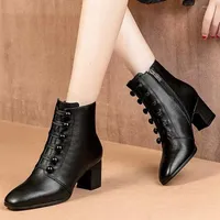 Boots Women's Ankle Leather Short Boot Button Spring Lady Fashion Party Pointed Toe High Heel Shoes Booties Botas De Mujer