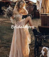 Lace Boho Champagne Wedding Dress 2022 With Long Sleeve Sexy A Line Tulle Country Wedding Gowns Elegant Flowy Robe de Mariage New 3319815