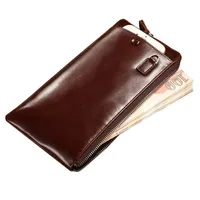 Man Long Wallet Men's Oil Leather Head Layer Cowhide Zipper Wrist Band Leather Wallet Mobile Phone Bag