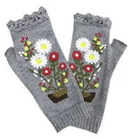 Five Fingers Gloves Vintage Knitted With Embroidery Floral Fingerless Warm Hand Warmer Mitten H05D