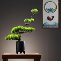 Decorative Flowers Modern Style Chinese-style Simulation Greeting Pine Bonsai Artificial Plants Home Decor Luxury Vase Potted Creative