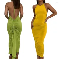 Casual Dresses Women Long Summer Clothes 2023 Halter Plain Tie-Up Back Ruched Backless Evening Party Dress Club Streetwear