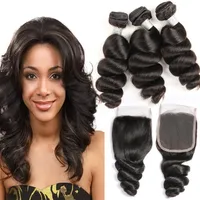 Brazilian Virgin Hair Extensions 3 Bundles With 4X4 Lace Closure 4 Pieces lot Loose Wave Curly Human Hair Wefts With Closure Middl239H