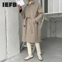 Men's Wool Blends IEFB Bandage Woolen Coat 2023 Autumn Winter Korean Fashion Thickened Warm Loose Trend Medium Length Long Coats 9Y8458 230320