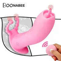 Wireless Remote Wearable Dildo Vibrator For Women Couples Toy Dual Stimulation Tongue licking Butterfly Panties Vibrator Q0602278K