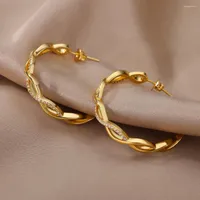 Hoop Earrings Zircon Twisted Round For Women Gold Color Stainless Steel 2023 Trend Wedding Christmas Jewelry Party Gift