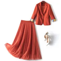 Spring Contrast Color Two Piece Dress Sets 4 5 Long Sleeve Notched-Lapel Single-Breasted Blazers Top & Tulle Pleated Mid-Calf Skirt Suits Set 22A1186083