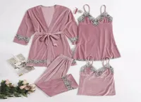 4 Piece Pajamas Set Sexy Lace Velvet Women Pajamas Velvet Dressing Gown Lace Winter Robe Sleepwear With Chest Pads18645612