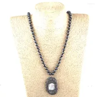 Pendant Necklaces Fashion Faceted 8mm Hematite Stone Long Knotted Handmade Crystal Paved Shell Oval Women Ethnic Necklace