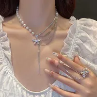 Pendant Necklaces New Shiny Crystal Butterfly Necklace Exquisite Multilayer Pearl Clavicle Chain Necklaces for Women 2022 Trend Aesthetic Jewelry Z0321