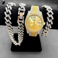 Wristwatches 3pcs Luxury Iced Out Watch For Men Women Hip Hop Miami Bling Cuban Chain Big Gold Necklace Watches Jewelry Set Relojes