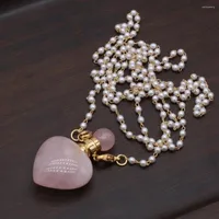 Pendant Necklaces Natural Heart-shaped Pink Crystal Perfume Bottle Necklace Making DIY Fashion Charm Jewelry Long80cm