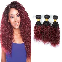 Brzailian Ombre Hair Extension Two Tone 1B 99 Kinky Curly Burgundy Human Hair Weave 3 Bundles Whole Colored Brazilian Red Hair220C