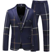Men's Suits Blazers Jacket Vest Pants High Quality Men Suits Fashion Grid Men Slim Fit Business Groom Wedding Plaid Blazers Coat 3 Pieces Sets 230322