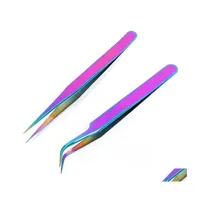 Eyelash Curler 1Pc Stainless Steel Straight Curved Eye Lashes Tweezers Rainbow Colored False Fake Extension Nippers Pointed Clip Too Dhurw