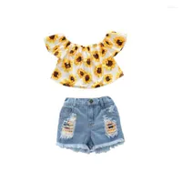 Clothing Sets 2 Pieces Kids Suit Set Girls Sunflower Print Boat Neck Short Sleeve Tops Denim Shorts For Summer Yellow 1-6 Years