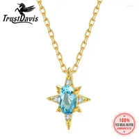 Chains TrustDavis Real 925 Sterling Silver Blue Zircon Six-Point Star Pendant Necklace Women 14K Gold Plated Party Jewelry Gift L152