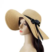 Women's Sun Hat Foldable Large Wide Brim Straw Hats with Bow Summer Beach Cap UV Protection212i