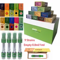 Wholesale 9 Strains Smart Atomizers Empty 0.8ml 1.0ml Green Tips Vape Cartridge Glass Tank Carts Ceramic Coil 510 Thread Smartbud Vaporizer With Box Packaging
