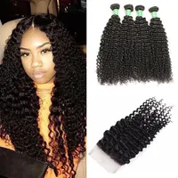 Mongolian Kinky Curly Virgin Hair 4 Bundles With Lace Closure Unprocessed Human Hair Extension Bundles Weft Kinky Curly With Weave234M