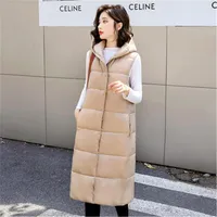 Women's Vests Hooded Solid Winter X-Long Thick Vest Jacket For Women Casual Loose Down Cotton Waistcoat Quilted Zipper Sleeveless